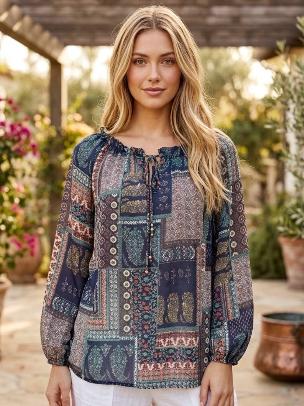 JELLA C. Boho Patchwork Paisley Peasant Tie Neck 3/4 Sleeve Tunic Blouse